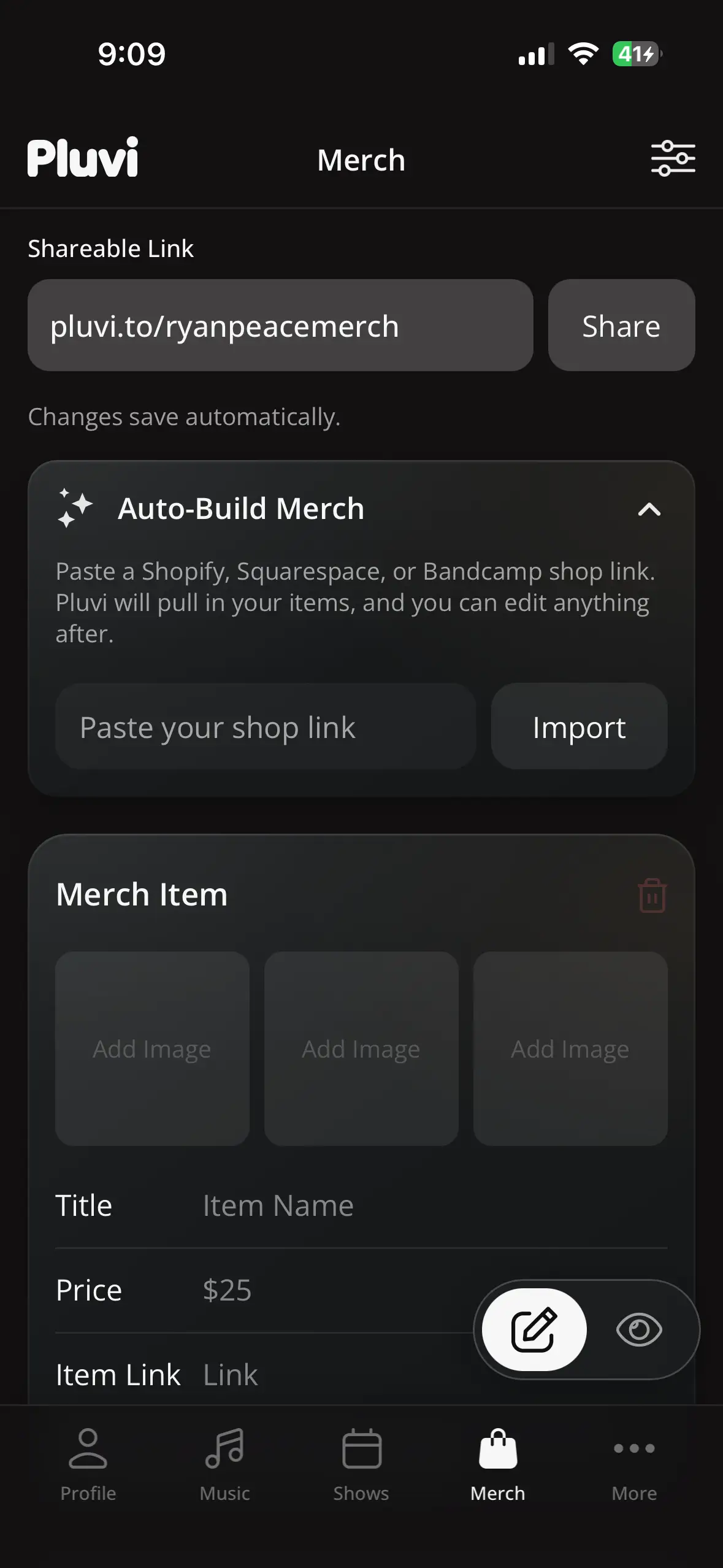 Pluvi workflow screen